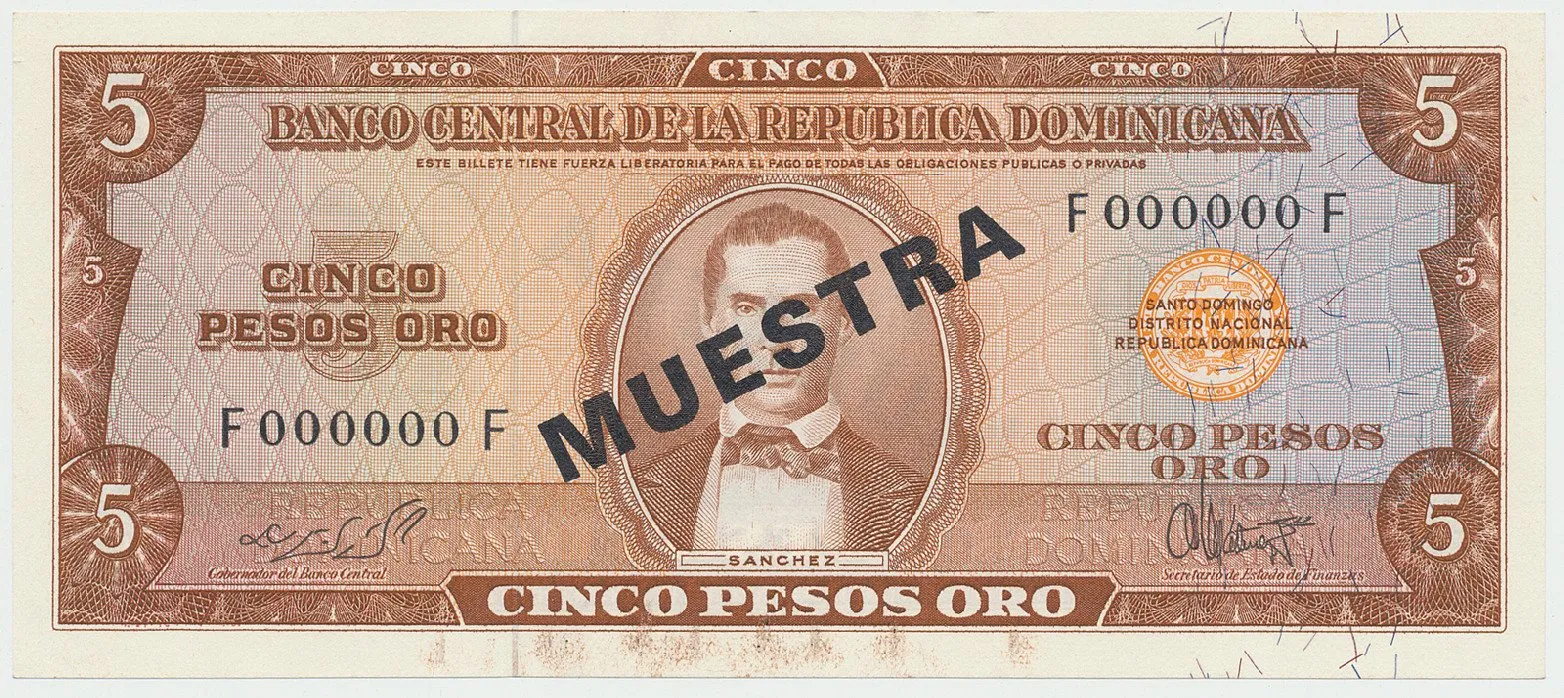 Dominikánská republika, 5 Pesos Oro (1964~1974), bank. vzor, F000000F, přetisk 1x MUESTRA, P.100s3