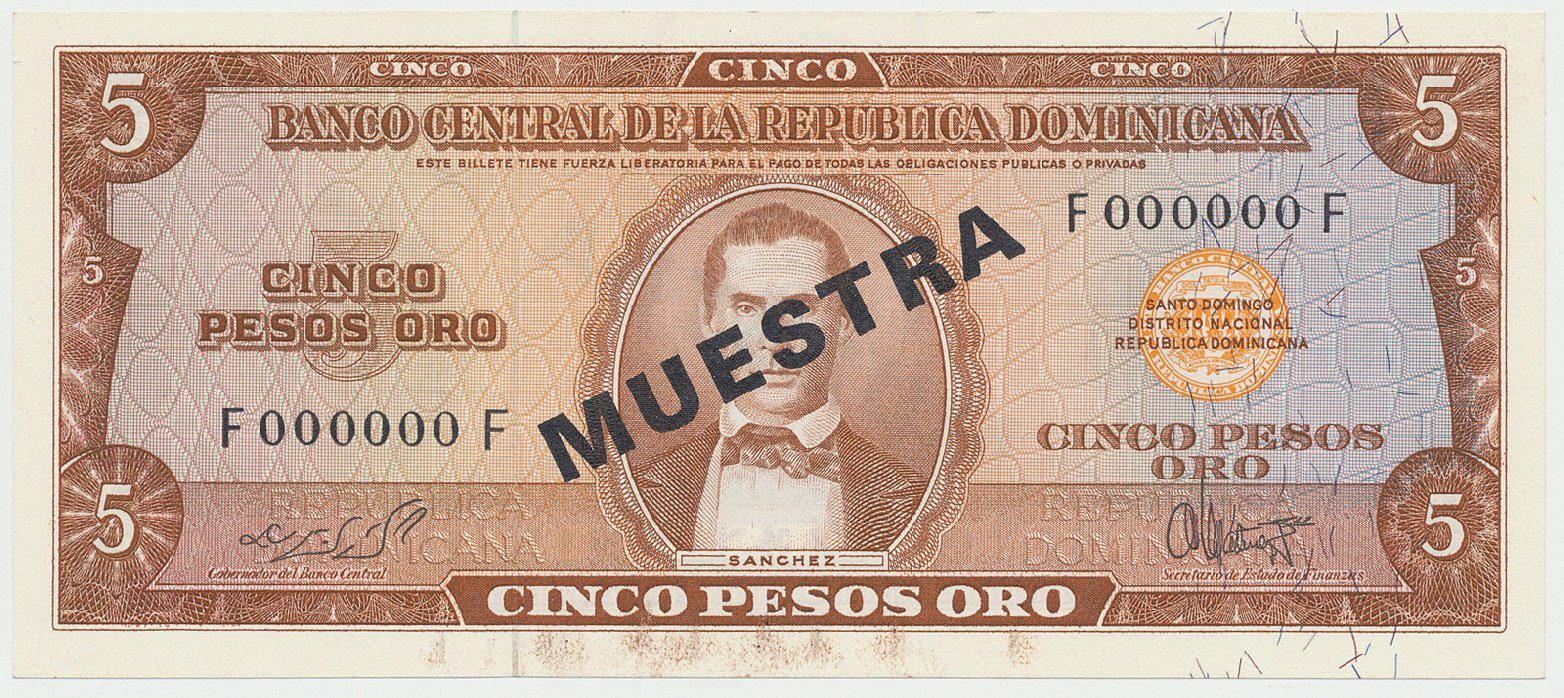 Dominikánská republika, 5 Pesos Oro (1964~1974), bank. vzor, F000000F, přetisk 1x MUESTRA, P.100s3