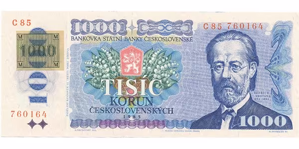 Česká republika, 1000 Koruna 1985 + lepený kolek (1993), Hej.CZ6bC