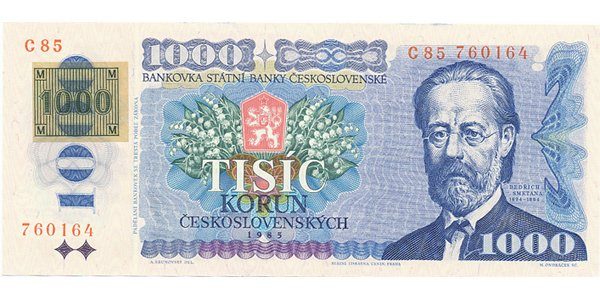 Česká republika, 1000 Koruna 1985 + lepený kolek (1993), Hej.CZ6bC