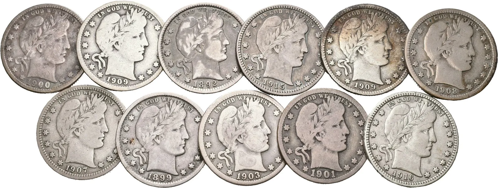 Soubor mincí - 1/4 Dollar 1892, 1899, 1900, 1901 O, 1903, 1907, 1908 D, — 1