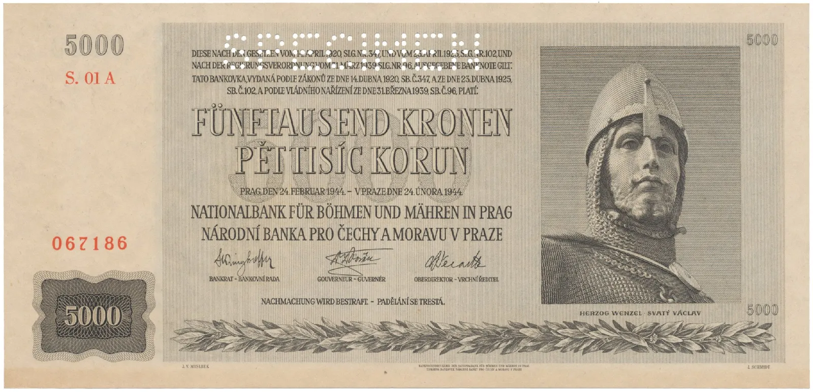 Protektorát Čechy a Morava, 5000 Koruna 1944, první série 01 A, perf. 1x SPECIMEN, Hej.41a.S1