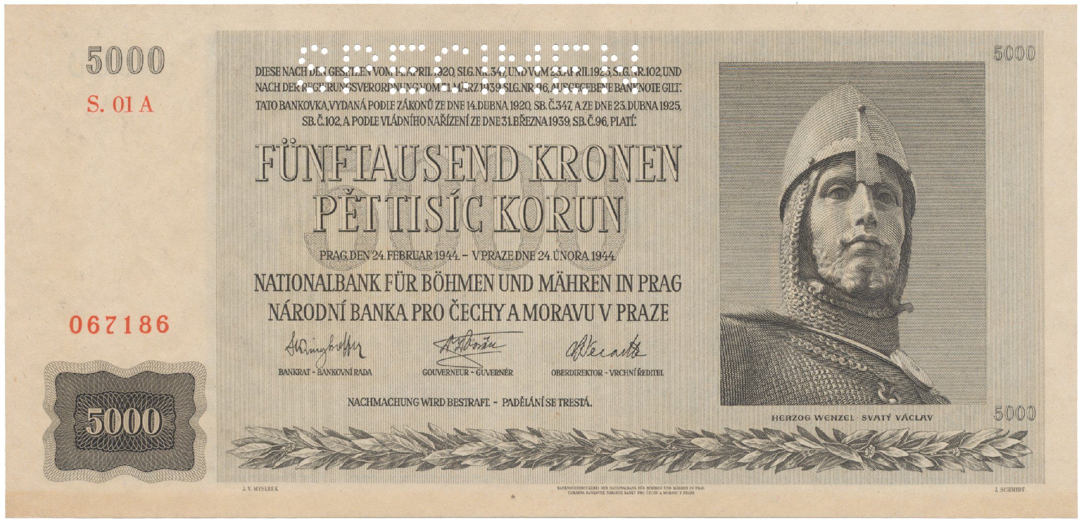 Protektorát Čechy a Morava, 5000 Koruna 1944, první série 01 A, perf. 1x SPECIMEN, Hej.41a.S1