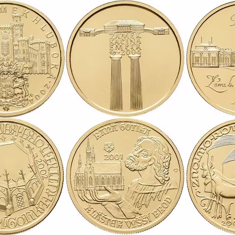 Sada zlatých mincí 2000 Kč - Deset století architektury 2001 - 2005, luxusní dřevěná