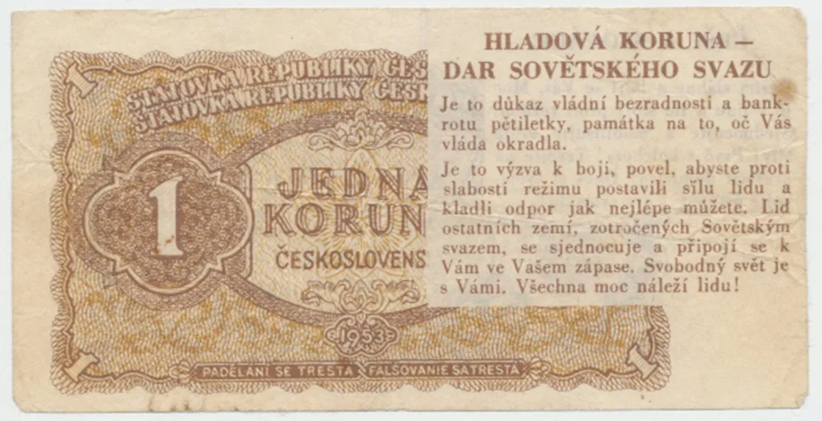 Československo, 1 Koruna 1953, Hladová koruna - politická propaganda, Hej.89.HK