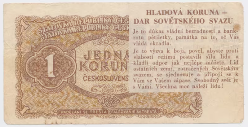 Československo, 1 Koruna 1953, Hladová koruna - politická propaganda, Hej.89.HK
