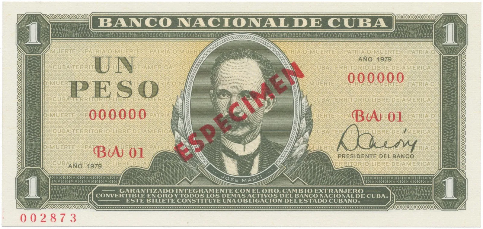 Kuba, 1 Peso 1979, tisk STC Praha, anulát - ESPECIMEN, bankovní vzor, P.102bs4
