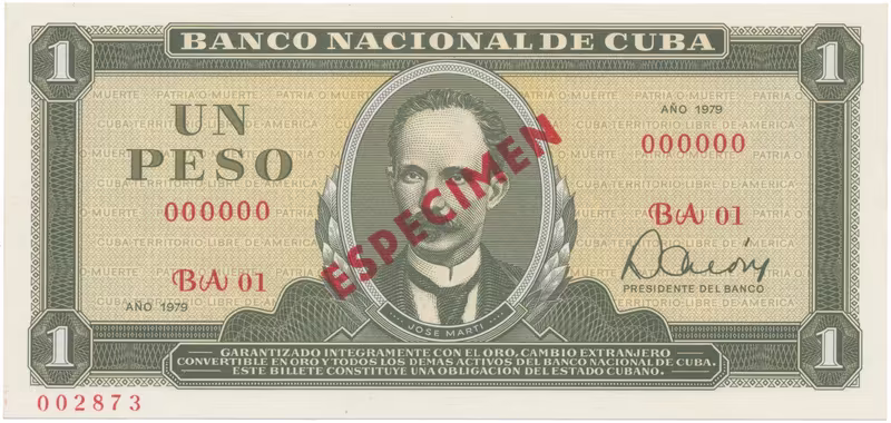 Kuba, 1 Peso 1979, tisk STC Praha, anulát - ESPECIMEN, bankovní vzor, P.102bs4