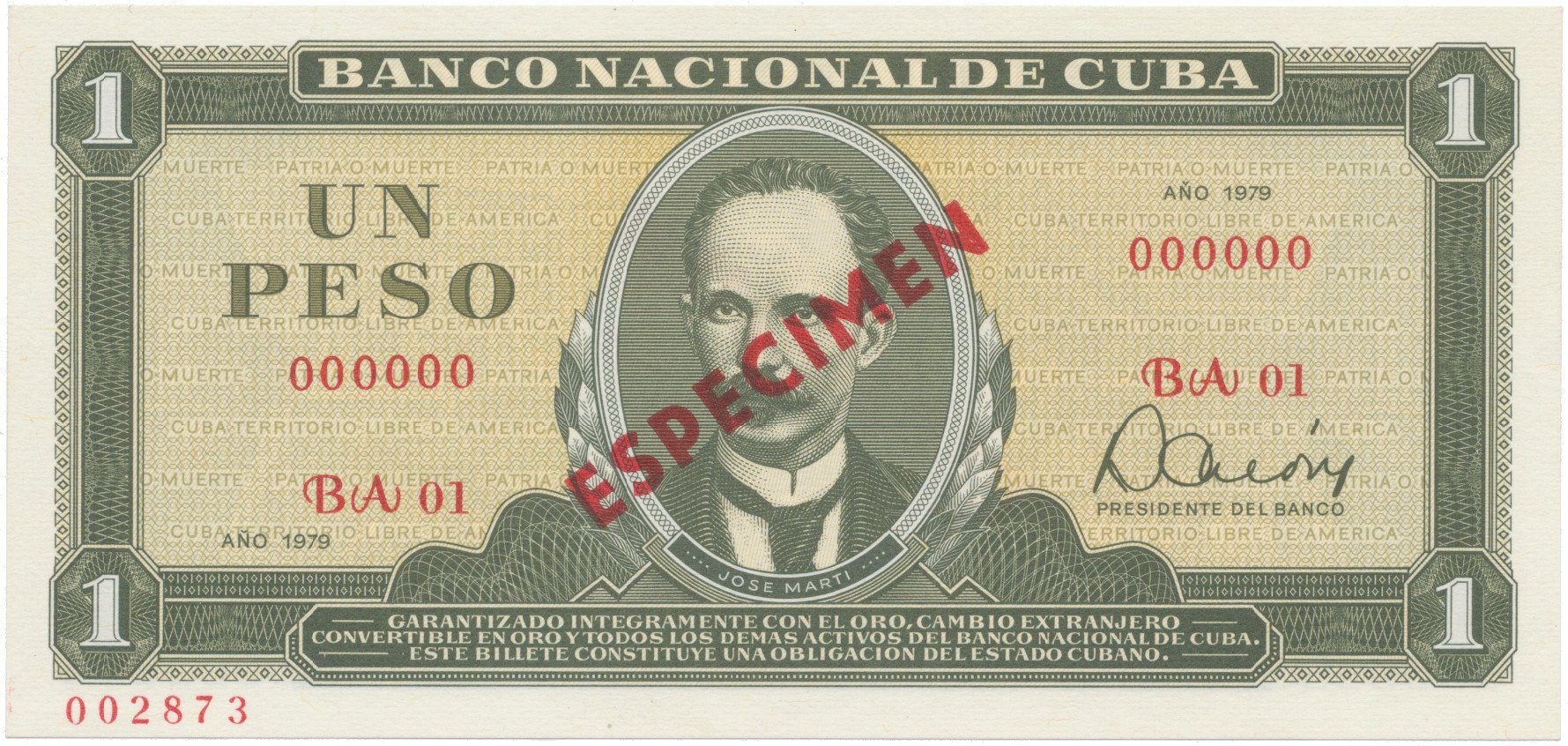 Kuba, 1 Peso 1979, tisk STC Praha, anulát - ESPECIMEN, bankovní vzor, P.102bs4