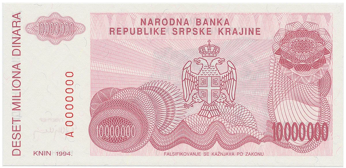 Chorvatsko - Srbská Krajina, 10 Miliona Dinara 1994, anulát, A 0000000, P.R34