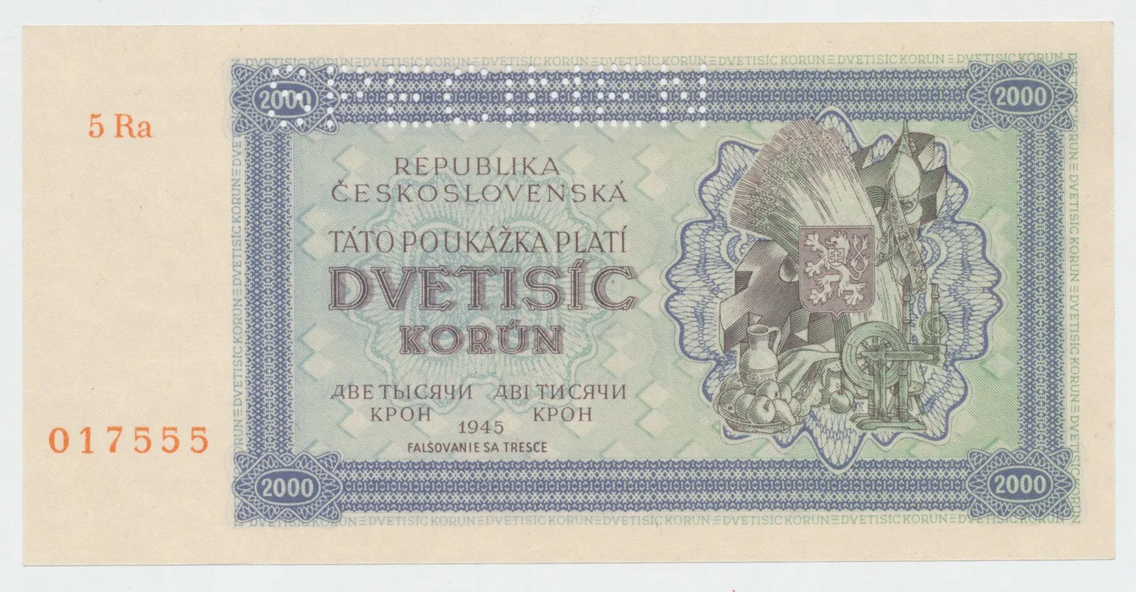 Československo, 2000 Koruna 1945, série s 1 číslem, 1x SPECIMEN nahoře, Hej.69a1.S1