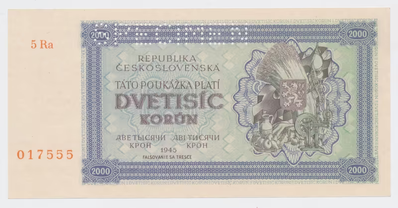 Československo, 2000 Koruna 1945, série s 1 číslem, 1x SPECIMEN nahoře, Hej.69a1.S1