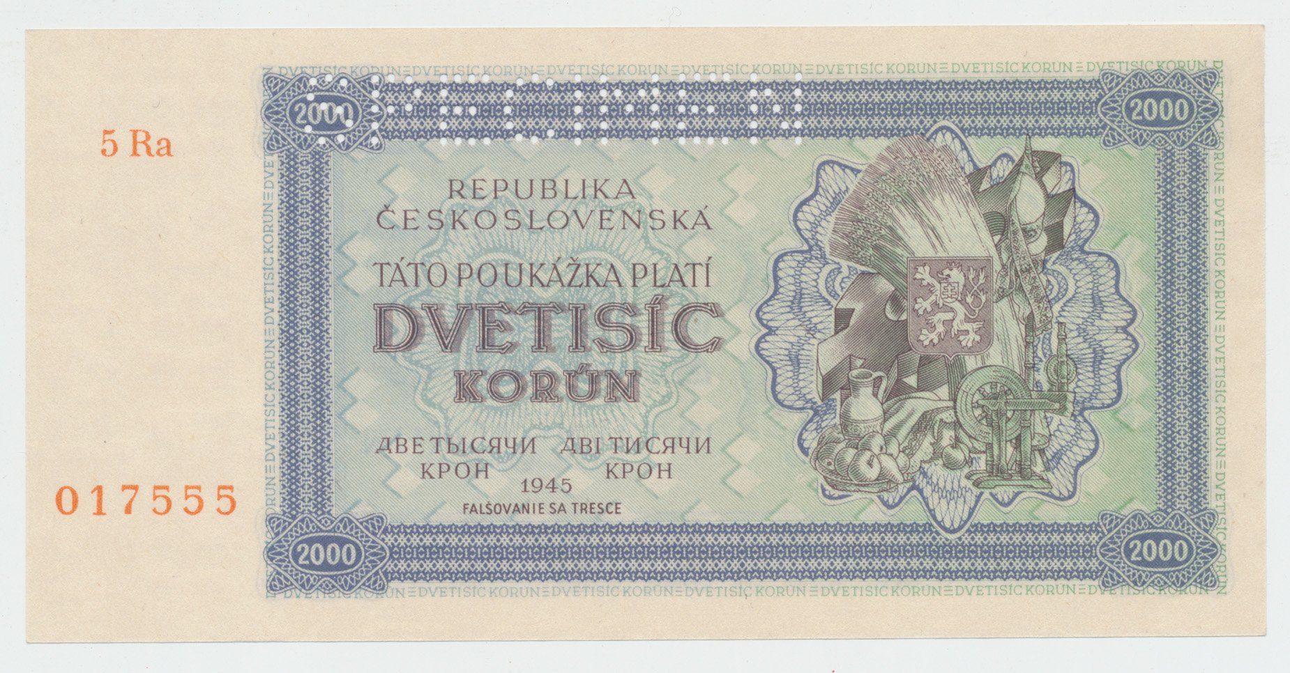 Československo, 2000 Koruna 1945, série s 1 číslem, 1x SPECIMEN nahoře, Hej.69a1.S1