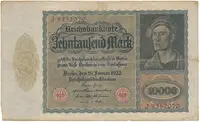 Německo, 10.000 Mark 1922, velký formát, zjednodušený obraz na Rv., Ro.68b