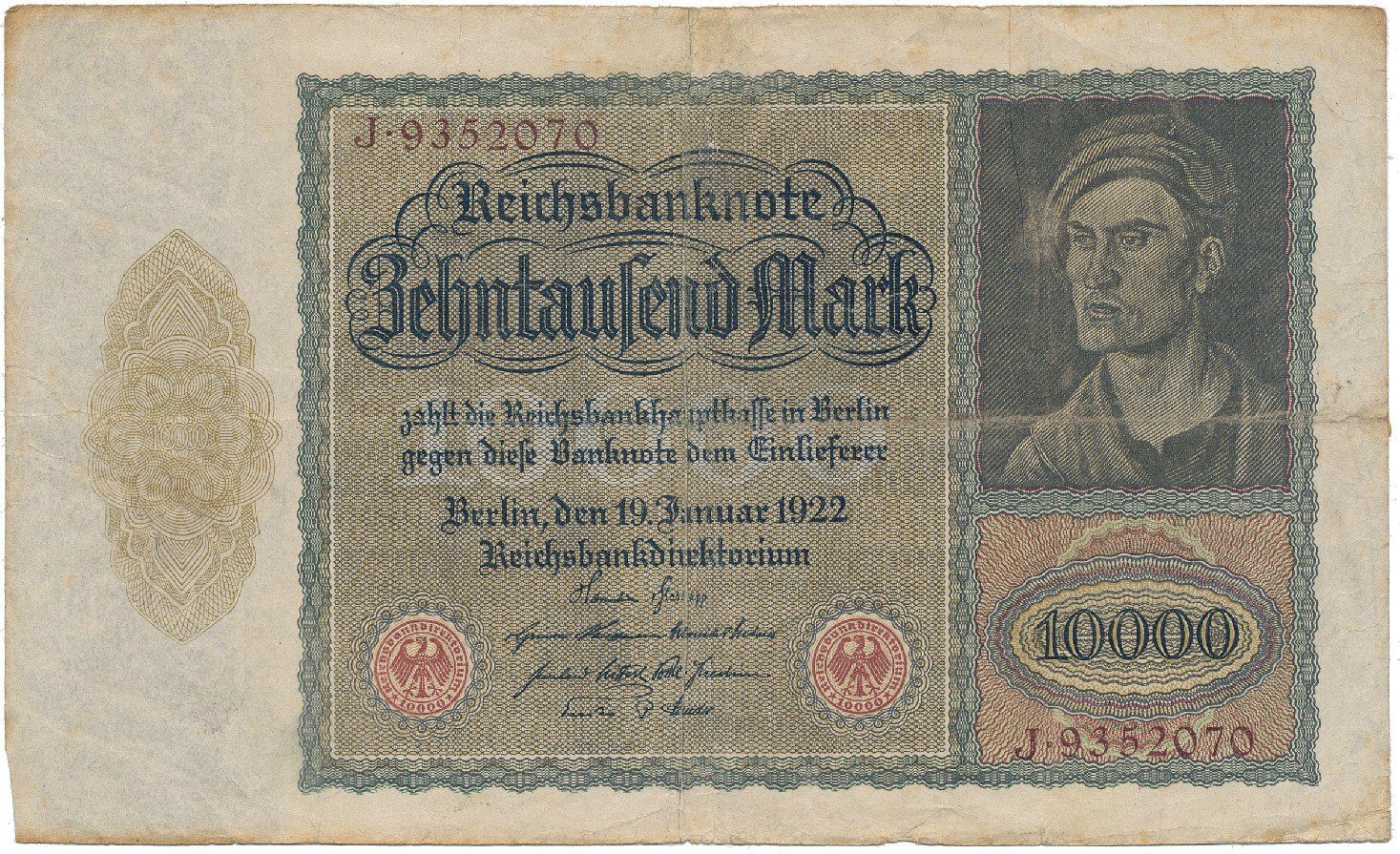 Německo, 10.000 Mark 1922, velký formát, zjednodušený obraz na Rv., Ro.68b