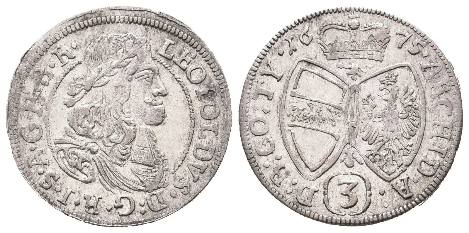 3 Krejcar 1675, Hall, Nech.2437, pěkná zachovalost, patina, zbytky lesku, rysky na Av. — 1