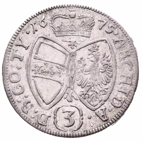 3 Krejcar 1675, Hall, Nech.2437, pěkná zachovalost, patina, zbytky lesku, rysky na Av.