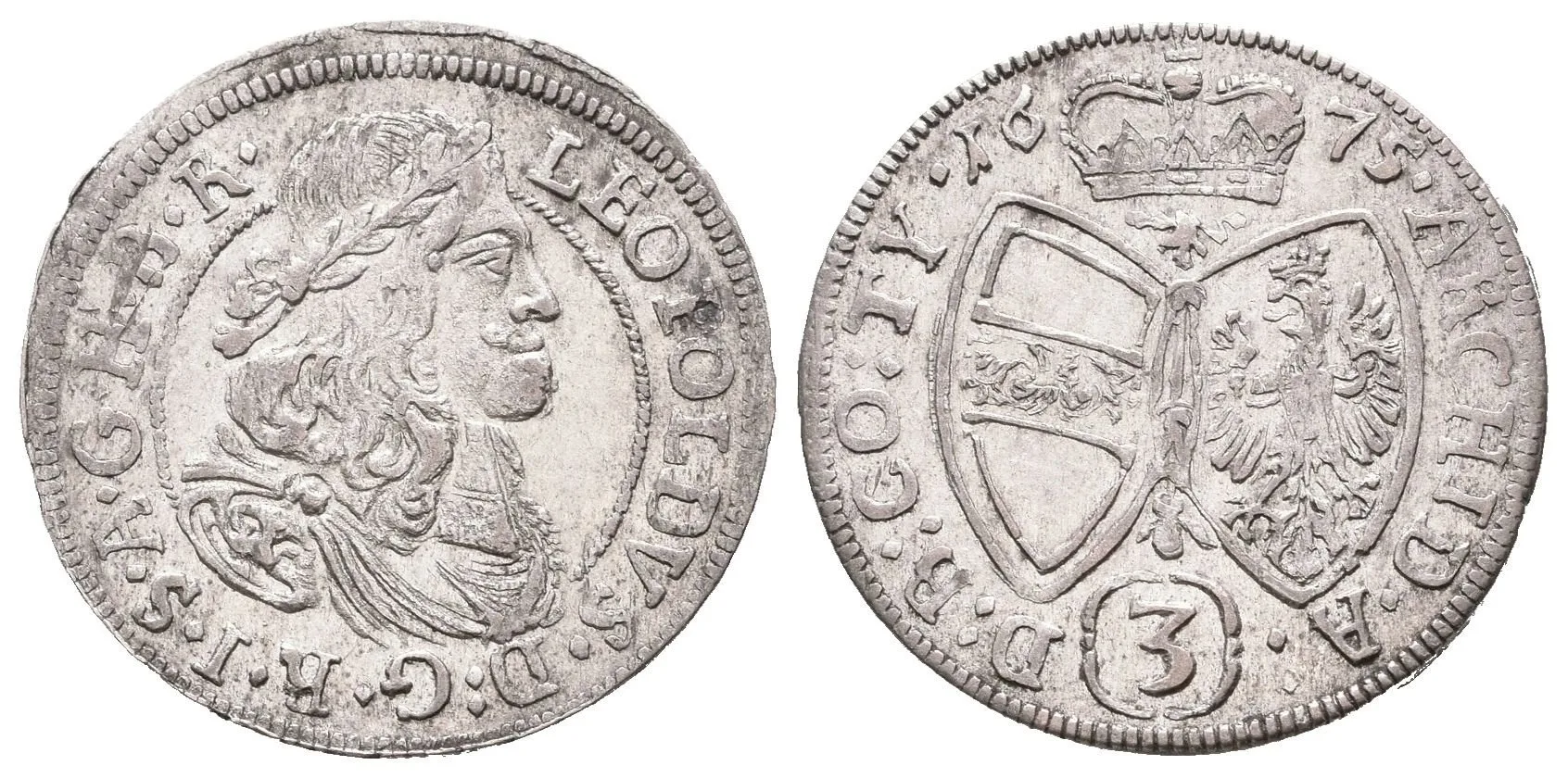 3 Krejcar 1675, Hall, Nech.2437, pěkná zachovalost, patina, zbytky lesku, rysky na Av. — 1