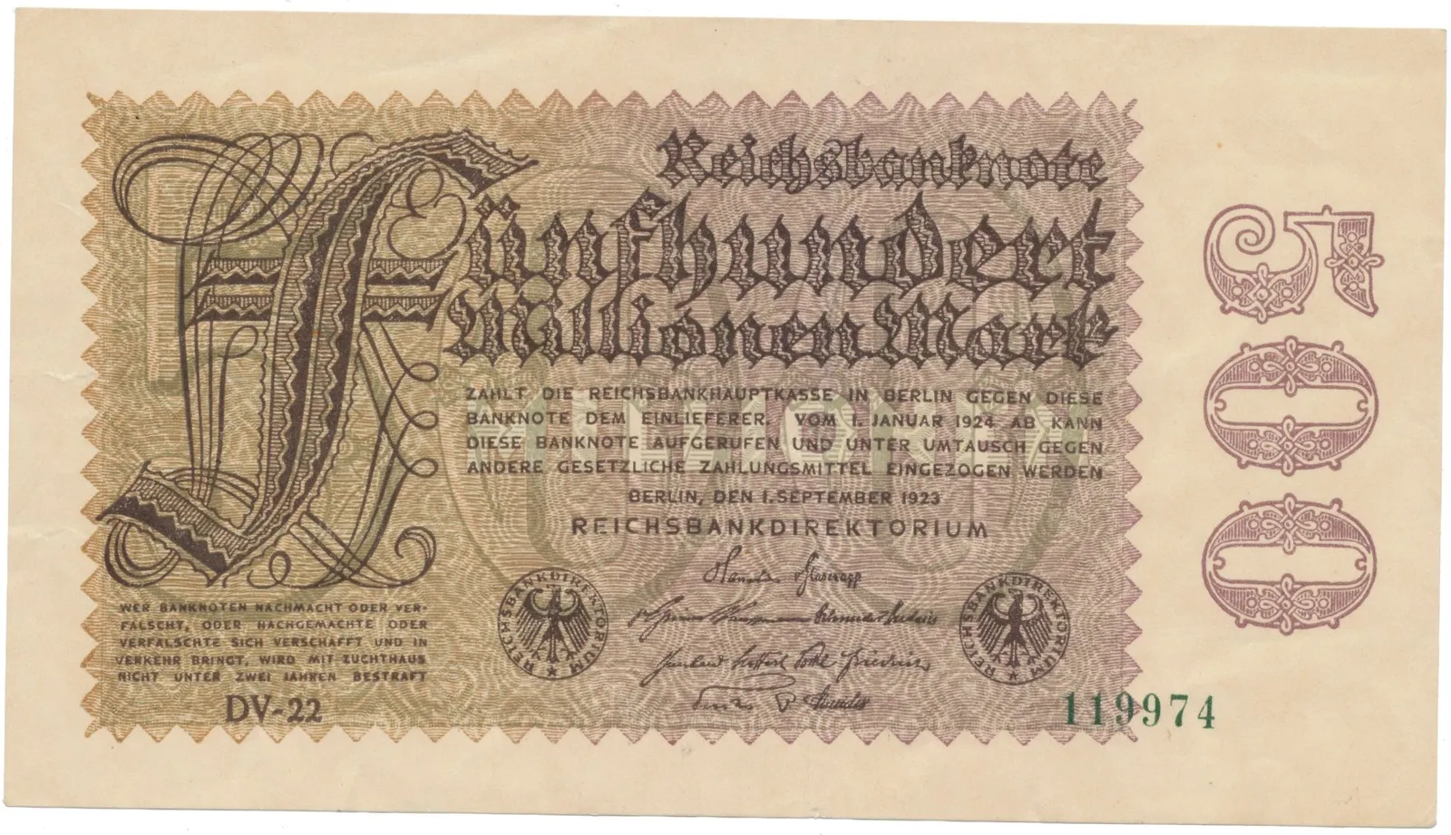Německo, 500 Millionen Mark 1923, vodoznak Hakensterne, Ro.109d