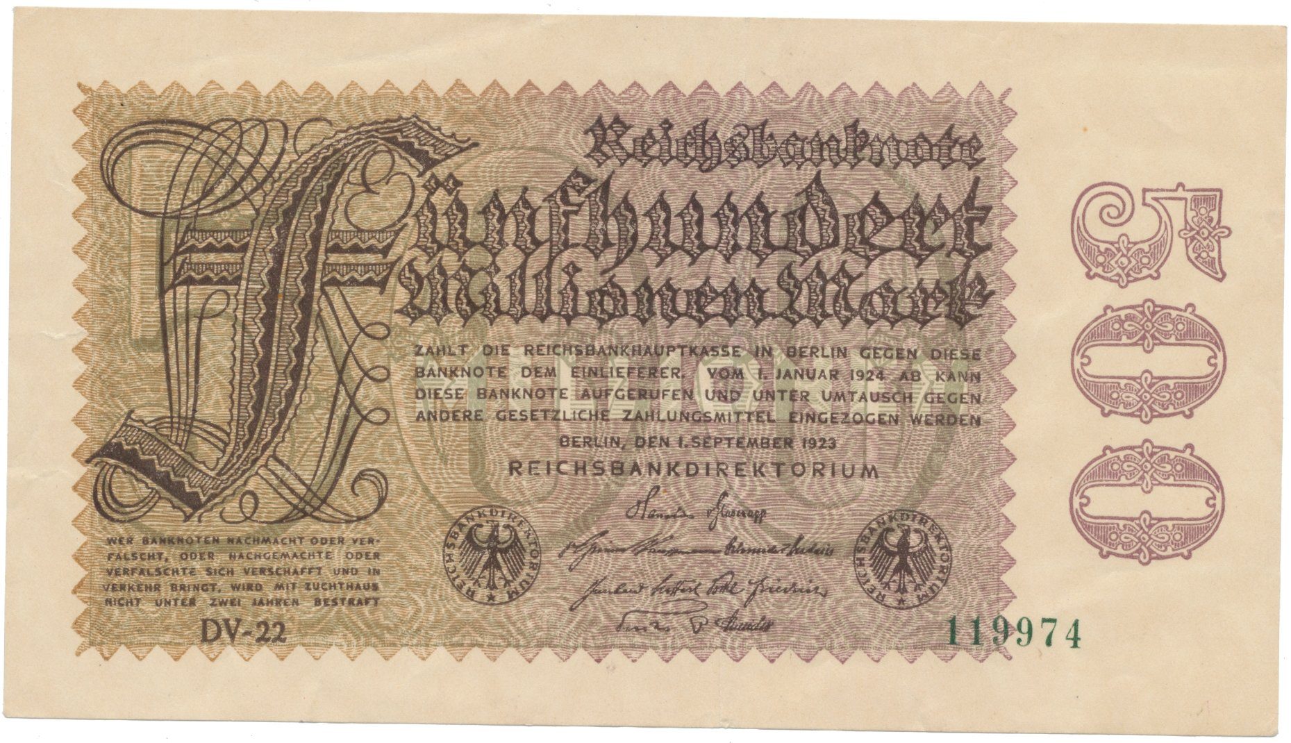 Německo, 500 Millionen Mark 1923, vodoznak Hakensterne, Ro.109d