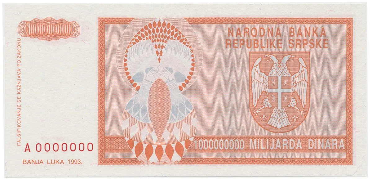 Bosna a Hercegovina, 1 Milijarda Dinara 1993, anulát, A 0000000, P.147