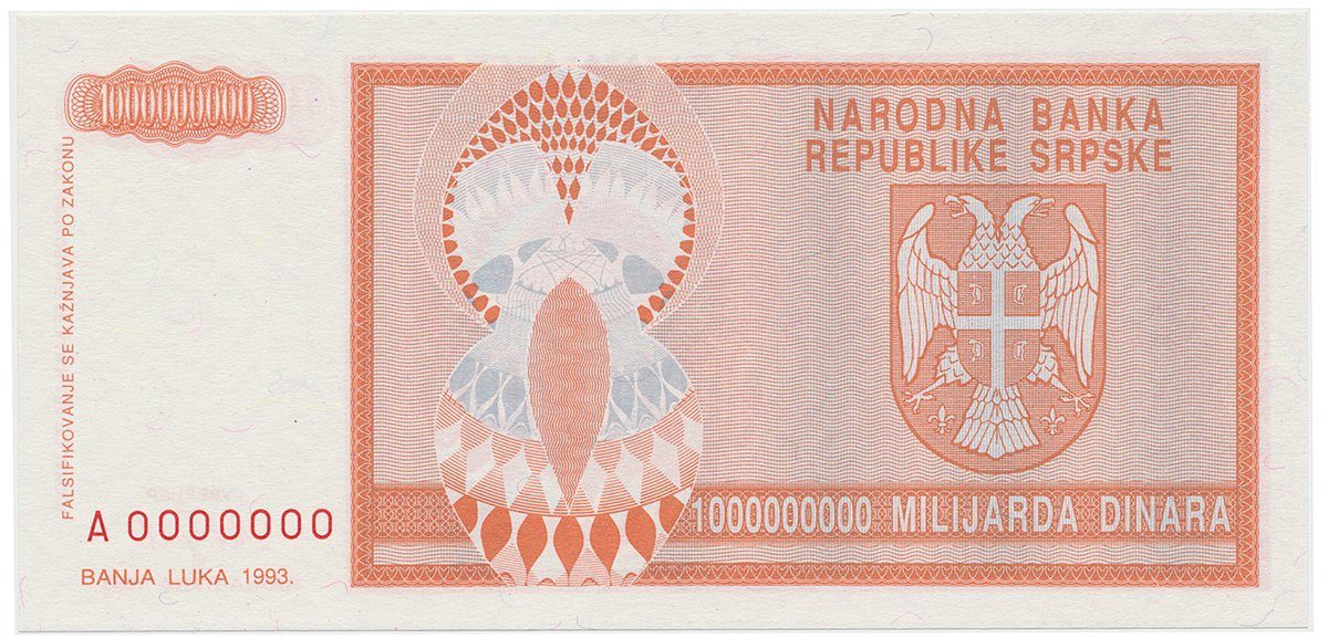 Bosna a Hercegovina, 1 Milijarda Dinara 1993, anulát, A 0000000, P.147
