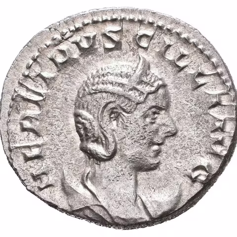 Antoninian, Rv: PVDICITIA AVG, sedící Pudicitia zleva drží žezlo, pravicí si přidržuje