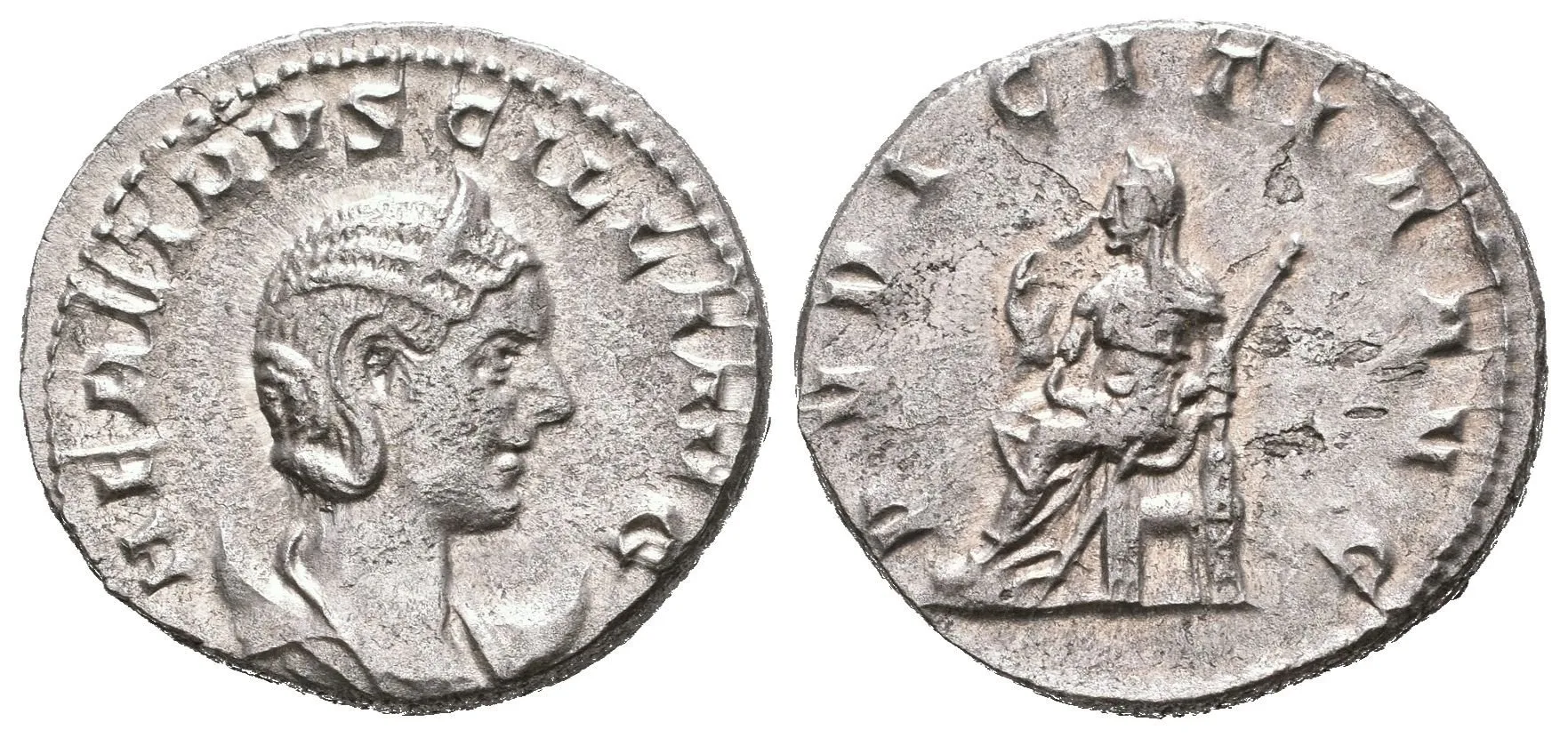 Antoninian, Rv: PVDICITIA AVG, sedící Pudicitia zleva drží žezlo, pravicí si přidržuje — 1