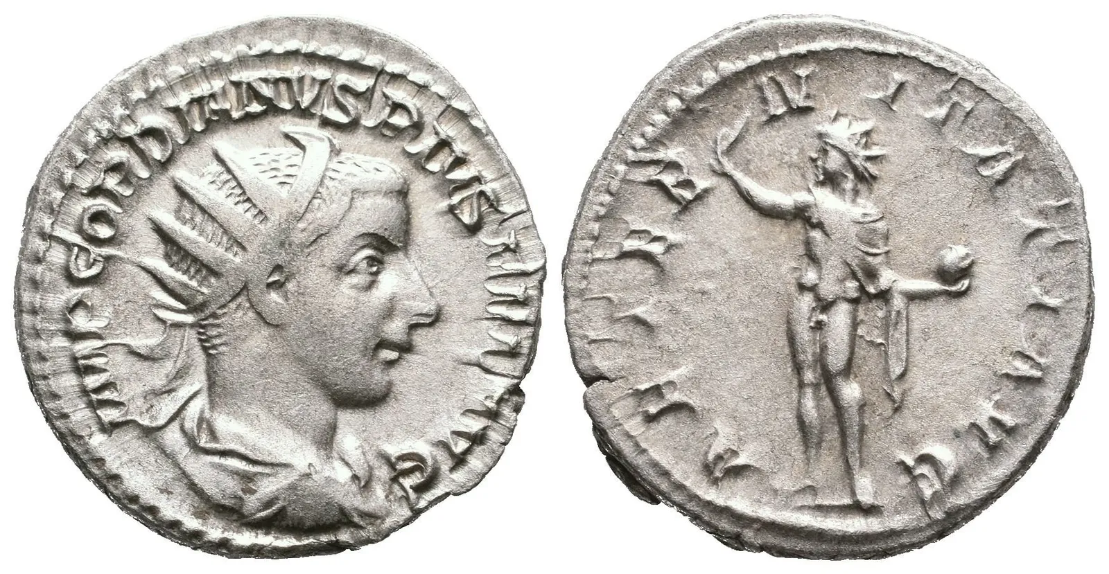 Antoninian, 241 - 243, Rv: AETERNITATI AVG, stojící Sol čelně hledí doleva, — 1