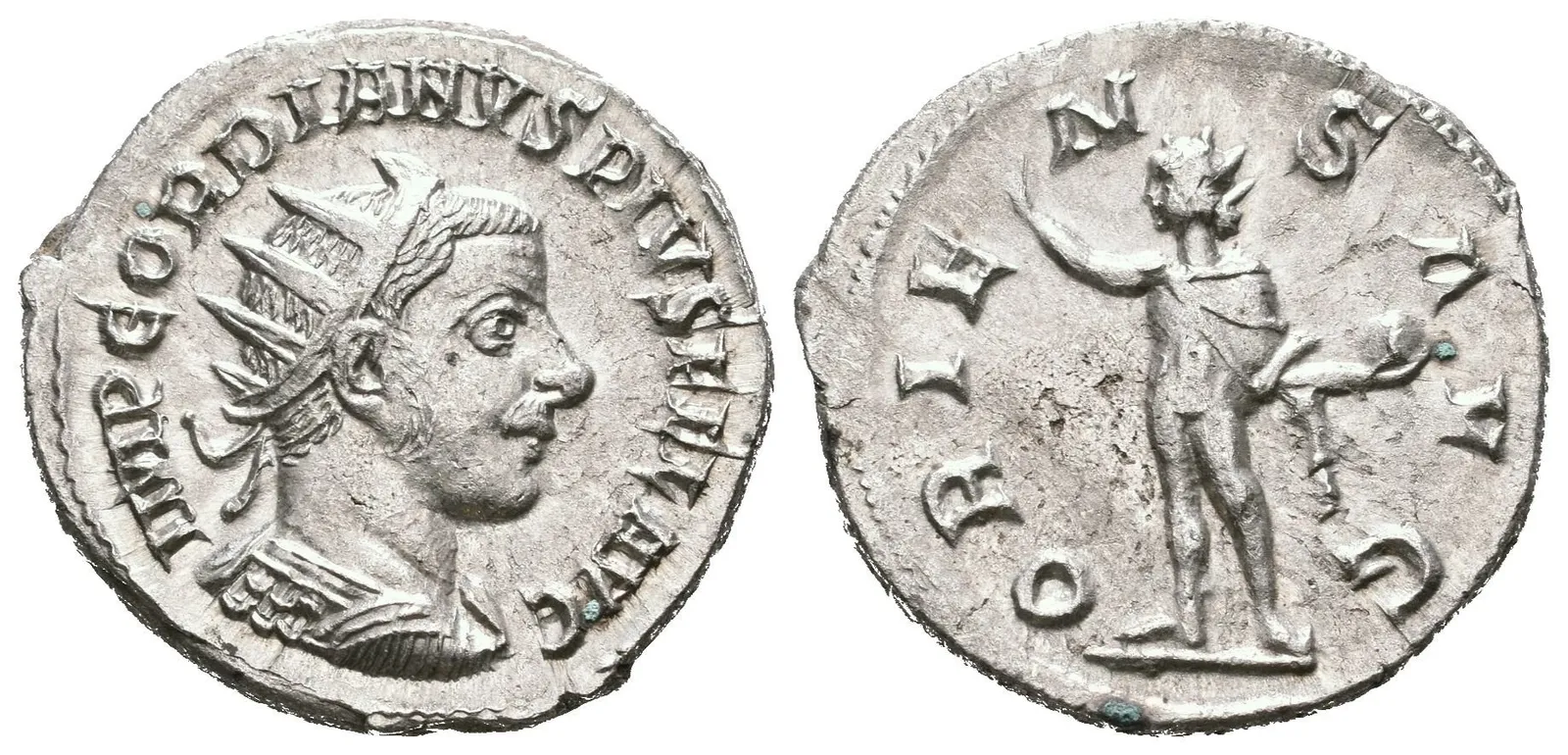 Antoninian, Antiochia, 242 - 244, Rv: ORIENS AVG, stojící Sol zleva — 1