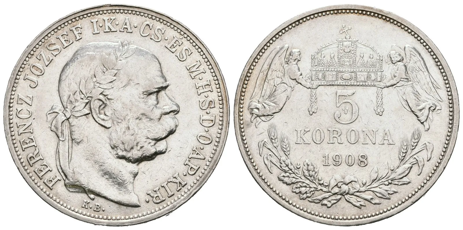 5 Koruna 1908 KB, pěkná zachovalost, škr. a hranky — 1