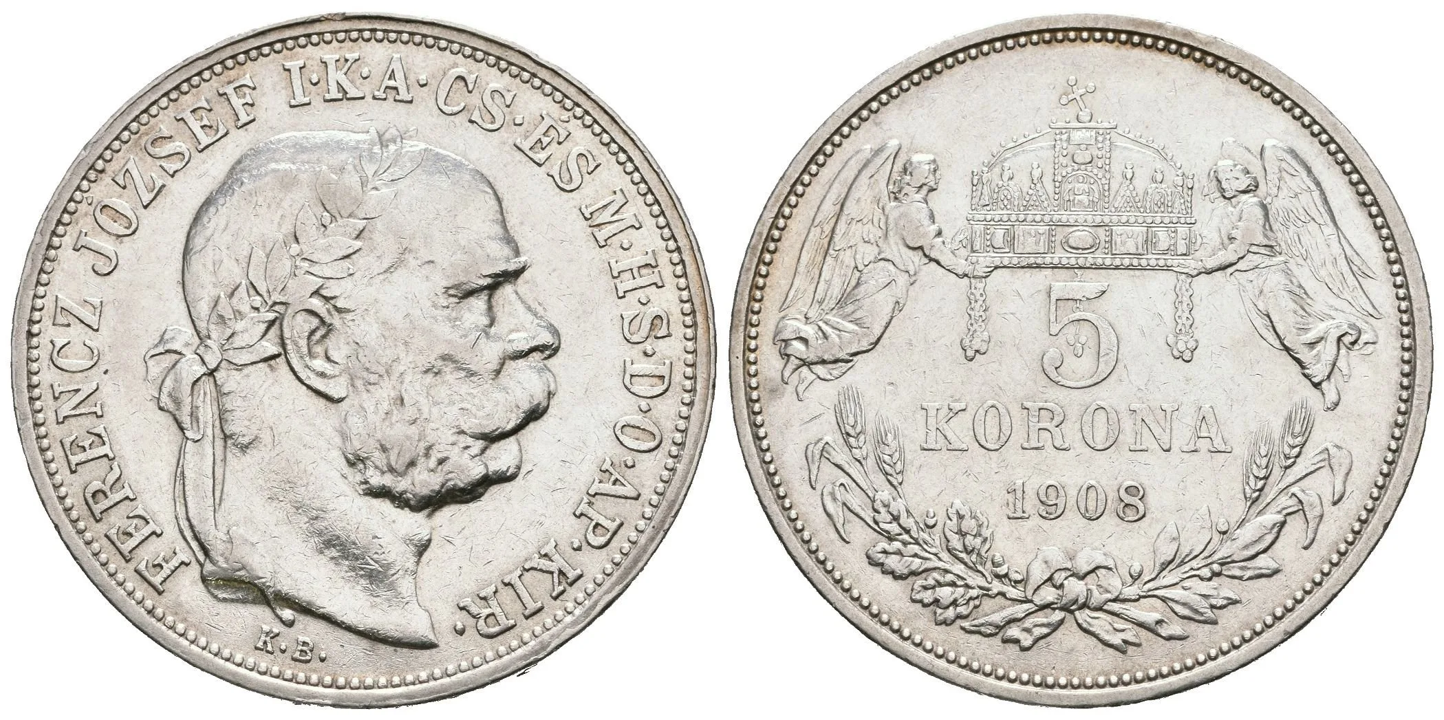 5 Koruna 1908 KB, pěkná zachovalost, škr. a hranky — 1