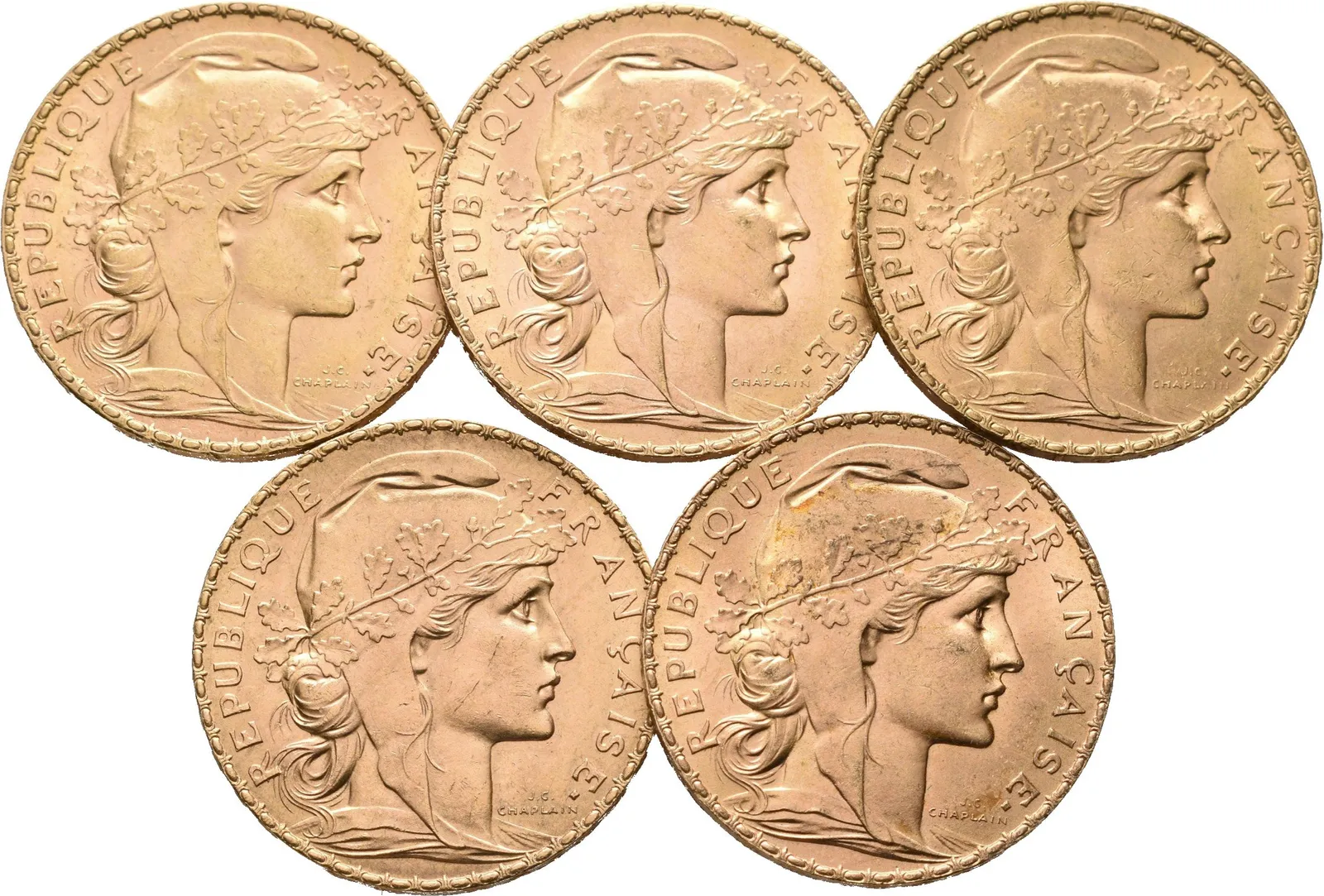 Francie, Investiční set 5 kusů 20 Franků 1907 - 1913