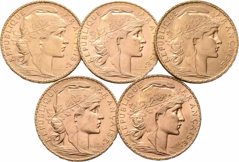 Francie, Investiční set 5 kusů 20 Franků 1907 - 1913