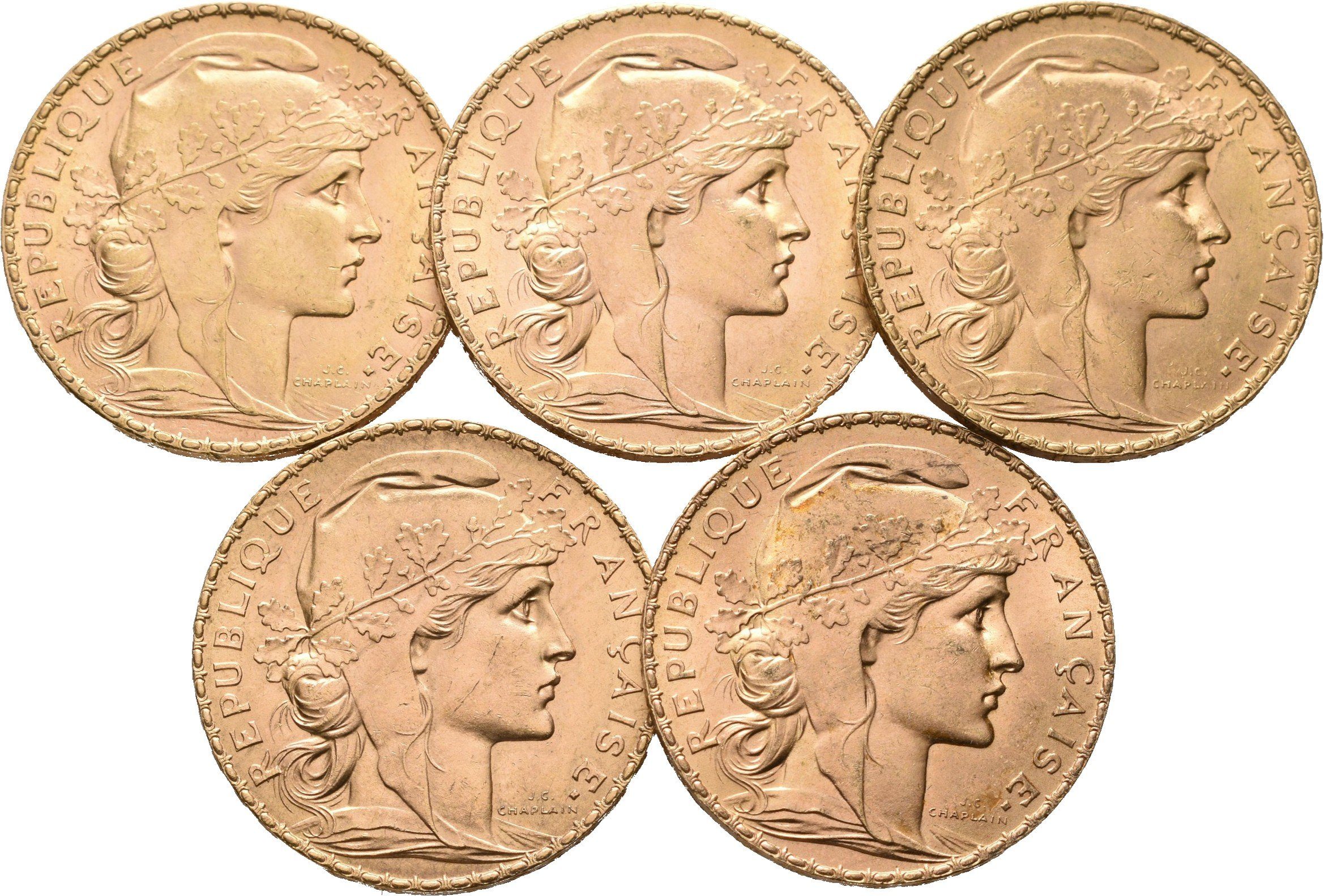 Francie, Investiční set 5 kusů 20 Franků 1907 - 1913