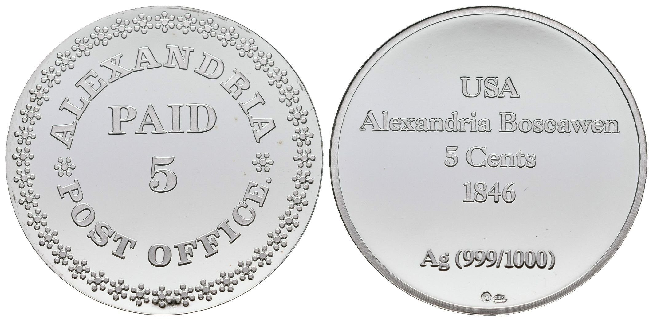 Stříbrná známka - Alexandria - 5 centů - Ag 10 g - 999/1000