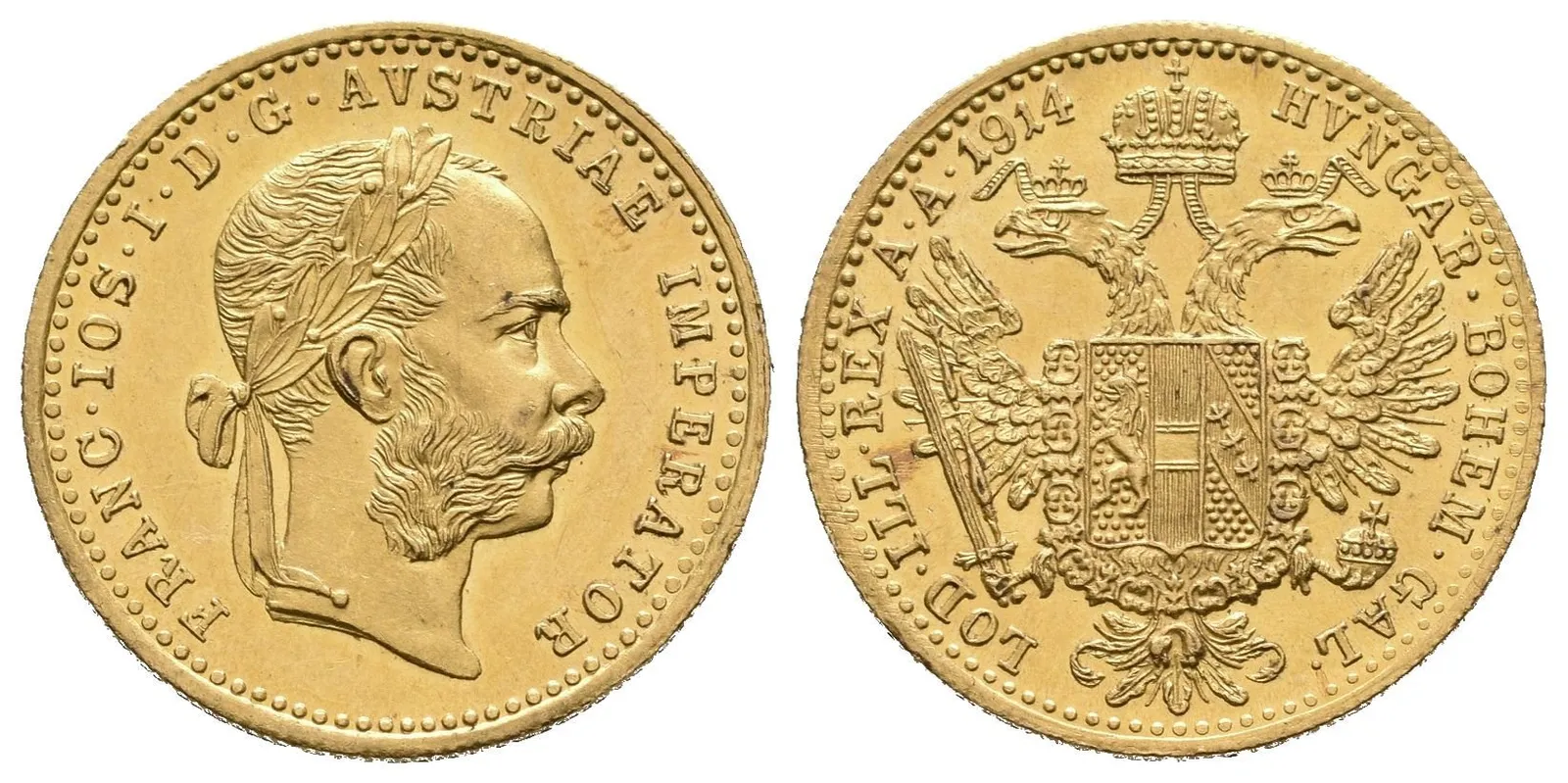 Dukát 1914, krásná zachovalost, zbytky lesku, patina, drobné rysky — 1