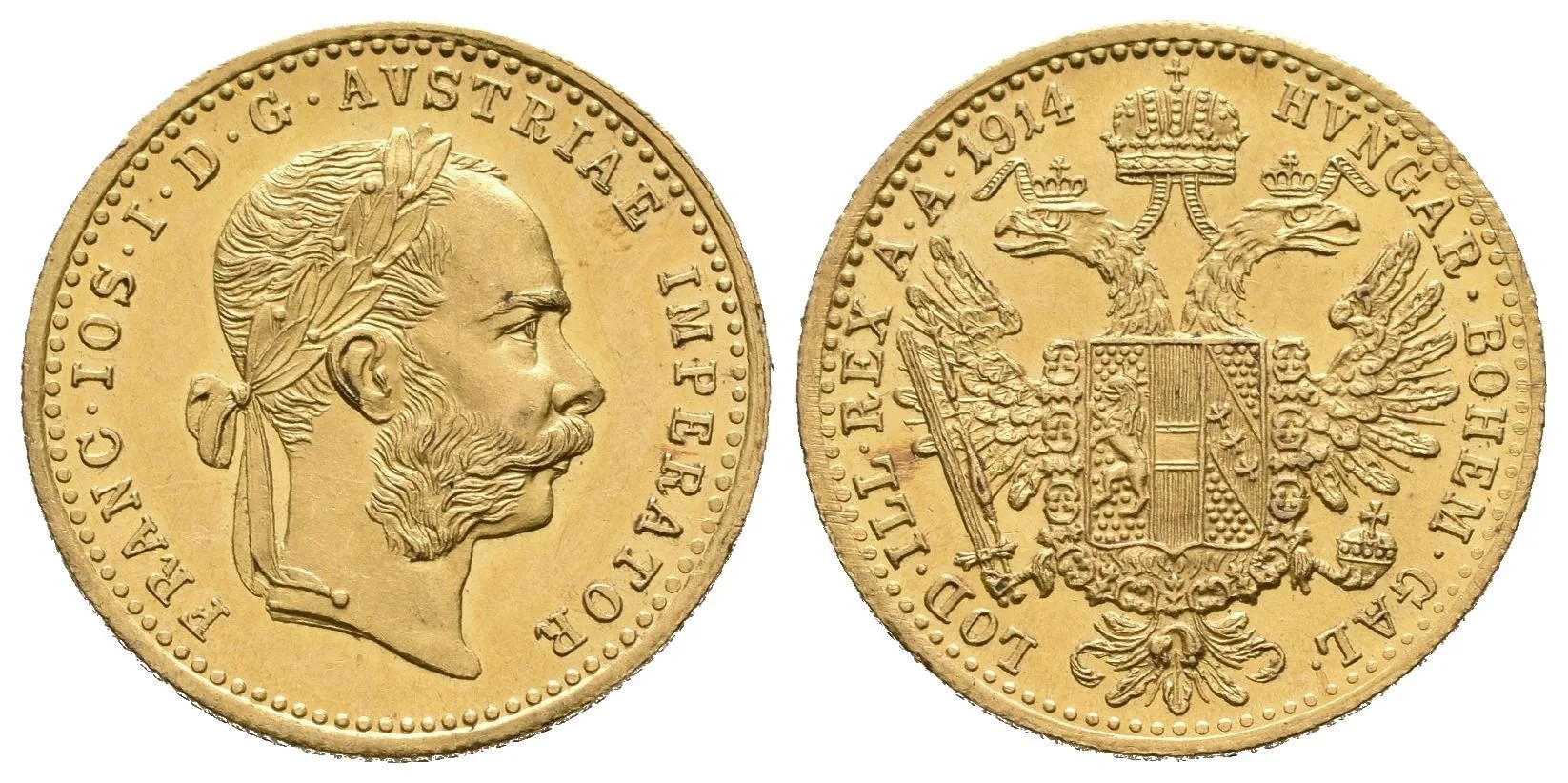 Dukát 1914, krásná zachovalost, zbytky lesku, patina, drobné rysky — 1