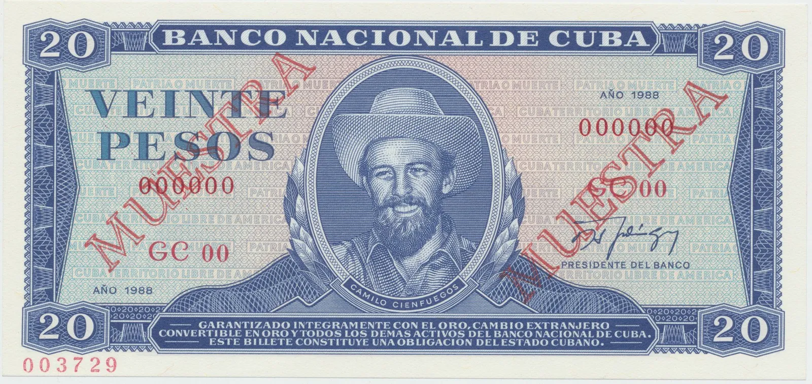 Kuba, 20 Pesos 1988, tisk STC Praha, anulát - 2x MUESTRA, bankovní vzor, P.105ds