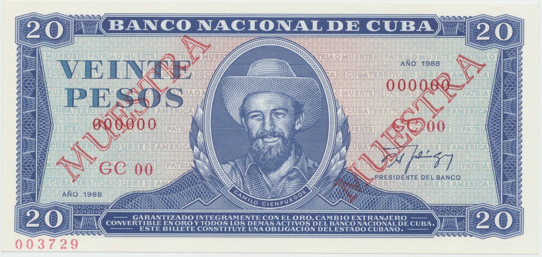 Kuba, 20 Pesos 1988, tisk STC Praha, anulát - 2x MUESTRA, bankovní vzor, P.105ds