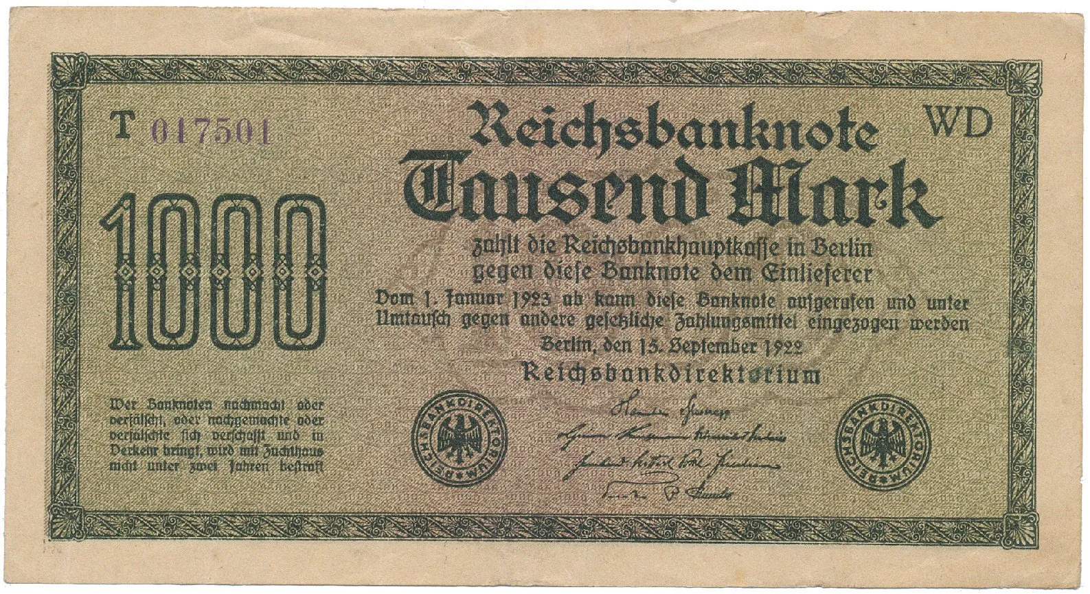 Německo, 1000 Mark 1922, vod. Kreuzblütten, fialové číslo, Ro.75k