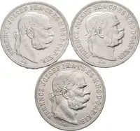 5 Koruna 1907 KB, 1908 KB, 1909 KB, oběhové zachovalosti_3 ks — 2