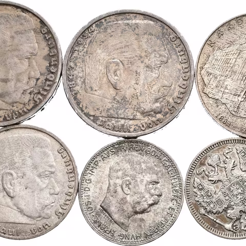 Soubor stříbrných mincí - Německo, 5 Marka 1936 A (oba typy), 2 Marka 1938 A, 1939 B,