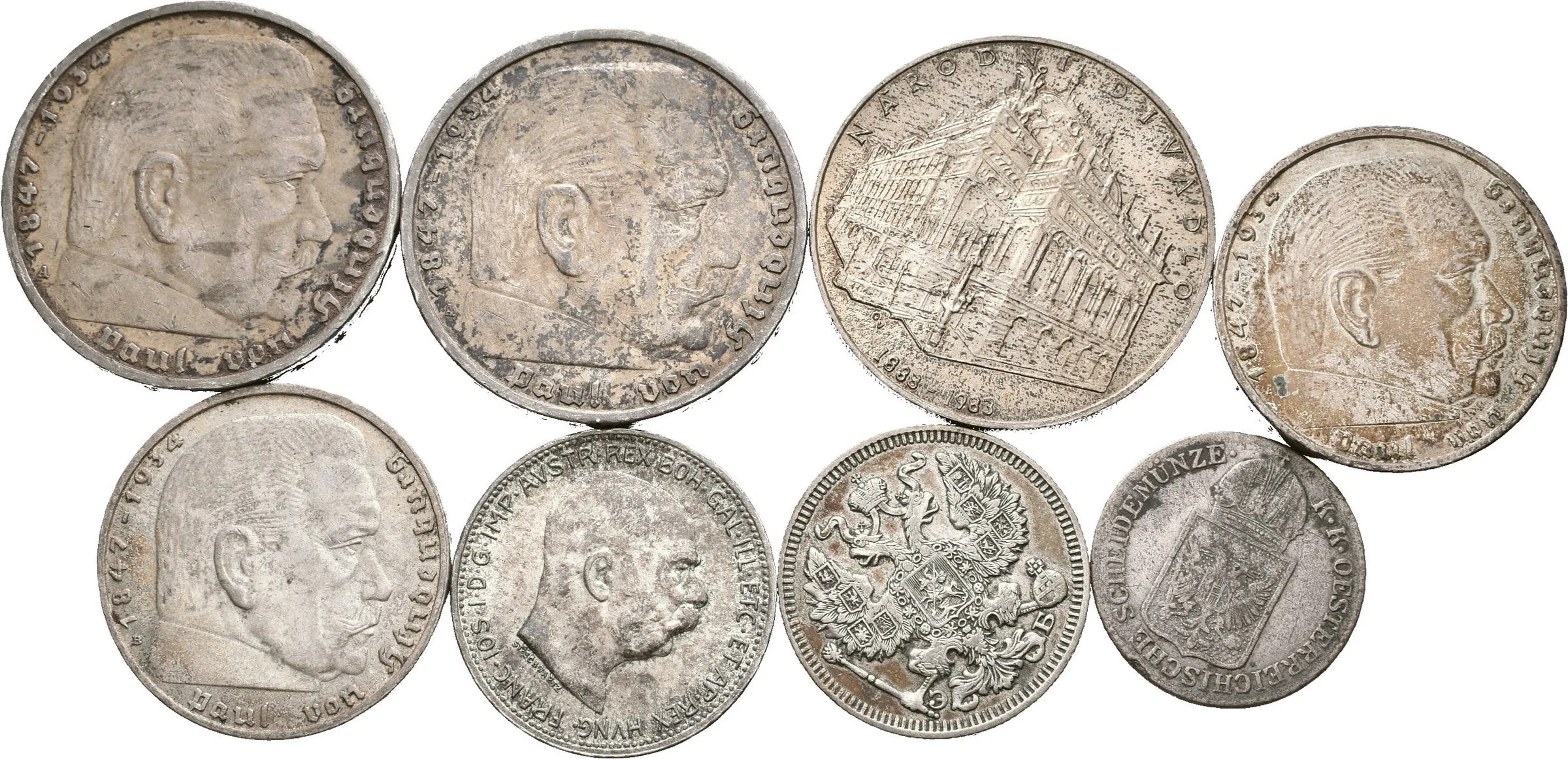 Soubor stříbrných mincí - Německo, 5 Marka 1936 A (oba typy), 2 Marka 1938 A, 1939 B, — 1