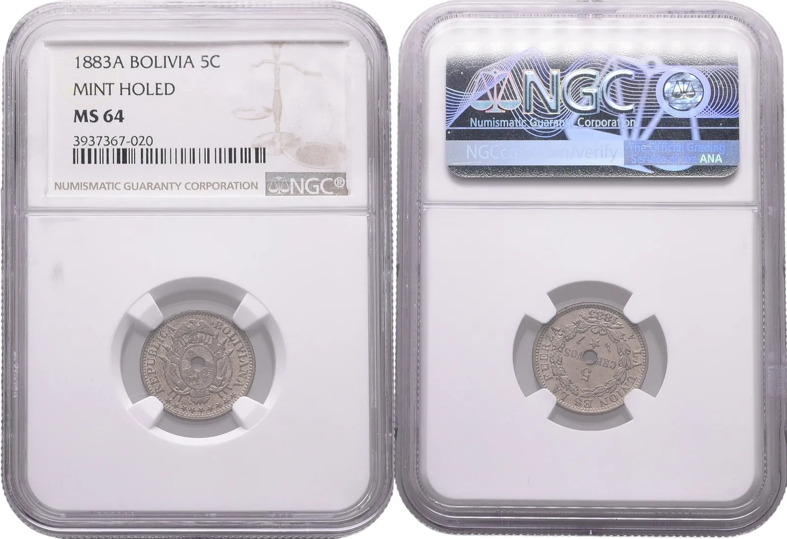 Bolívie, 5 Centavo 1883 A, NGC MS 64