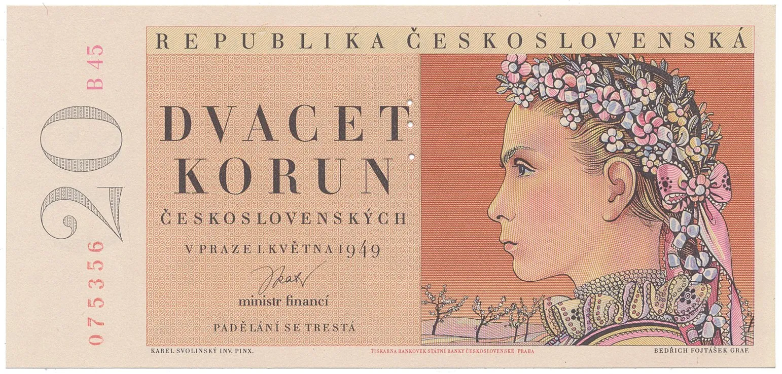 Československo, 20 Koruna 1949, II. vydání, perforace 3 md svisle, Hej.85a.S1