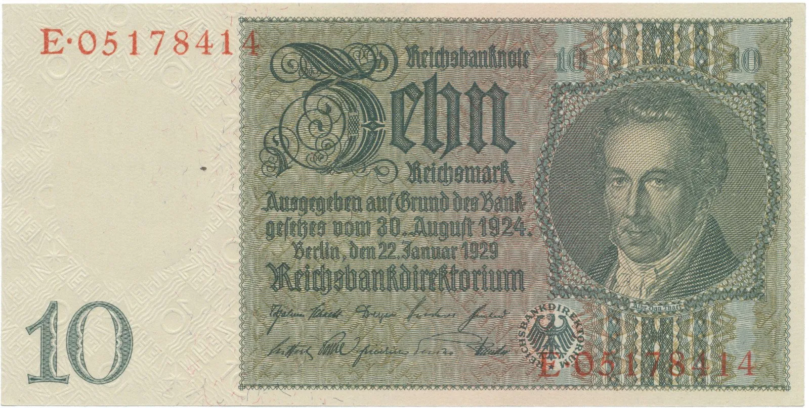 Německo, 10 Reichsmark 1929, válečná s průběžným vodotiskem, Hej.D2d