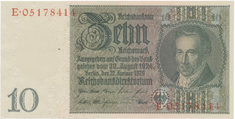 Německo, 10 Reichsmark 1929, válečná s průběžným vodotiskem, Hej.D2d