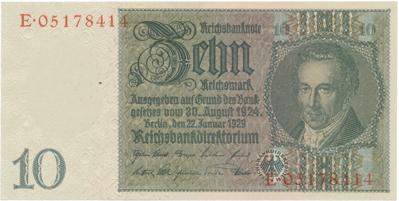 Německo, 10 Reichsmark 1929, válečná s průběžným vodotiskem, Hej.D2d