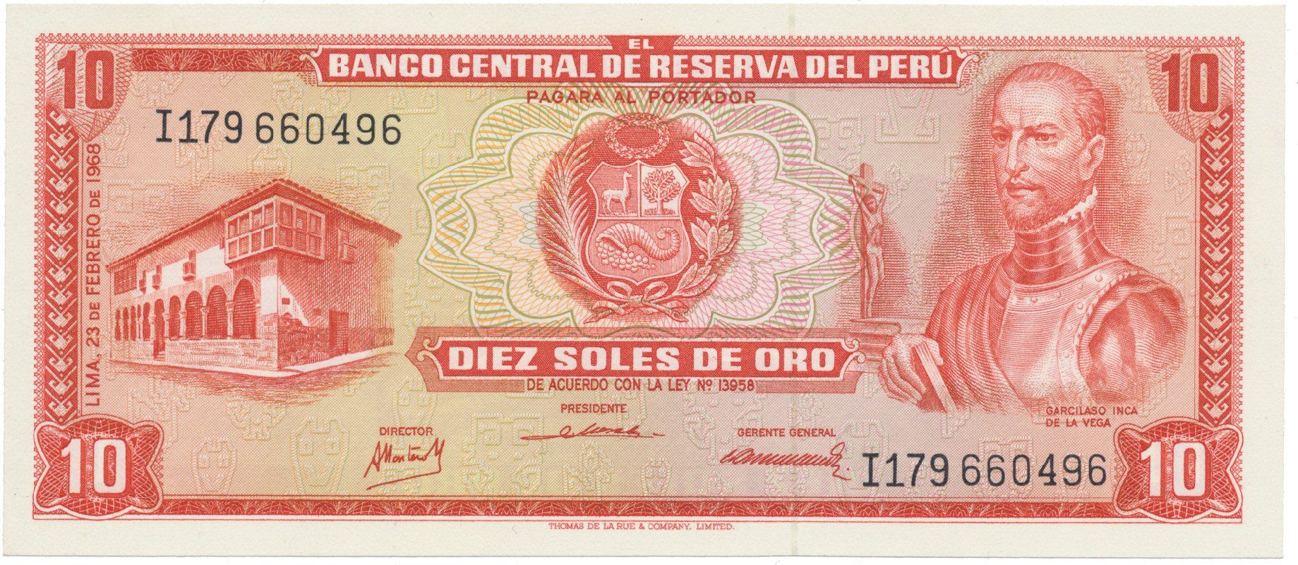 Peru, 10 Soles de Oro 1968, P.93